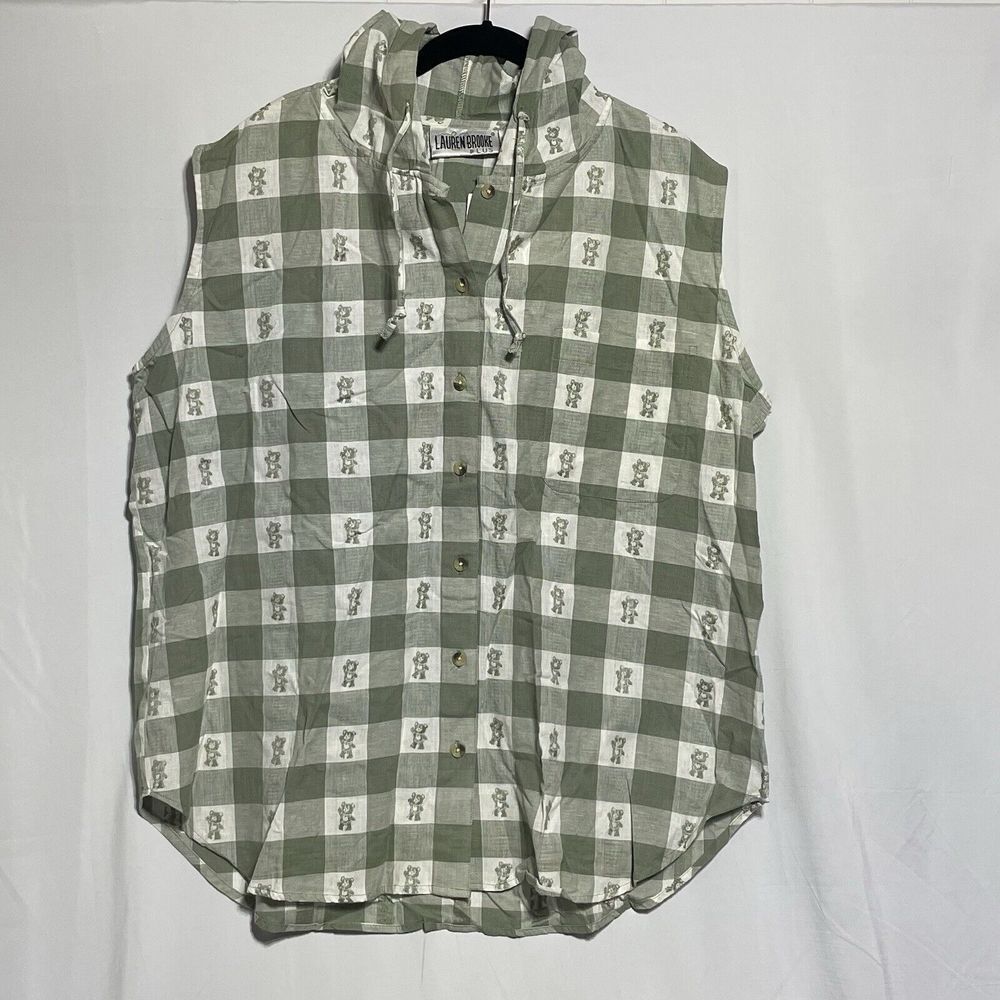 VTG Lauren Brooke Plus Shirt 22w Teddy Bear &‎ Plaid Hooded Top Retro Hills Dept